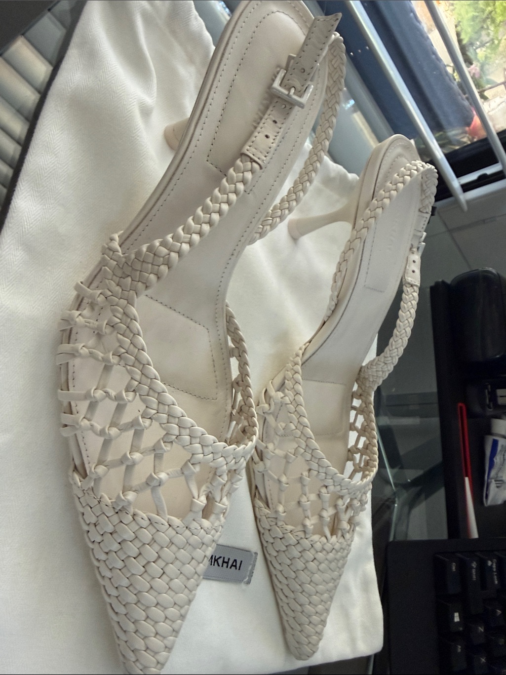 Jonathan Simkhai Cream Woven Pointed-Toe Slingback Heels